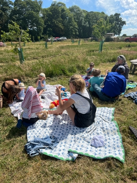 A teddy bear picnic at the orchard with children eating